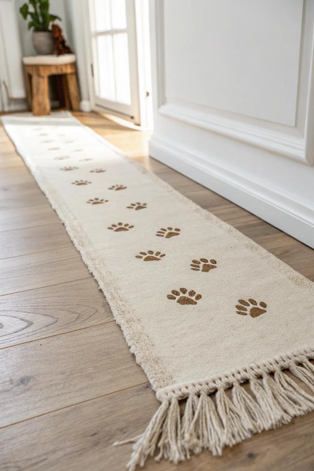 A playful footprint runner creates a sensory trail—minimal, cozy, and chic for small hallways.
