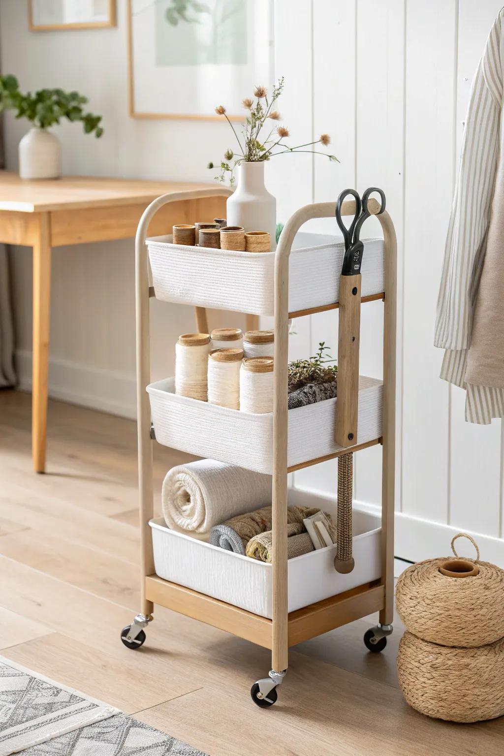 A chic rolling cart keeps daily sewing tools close, organized, and easy to tuck away.
