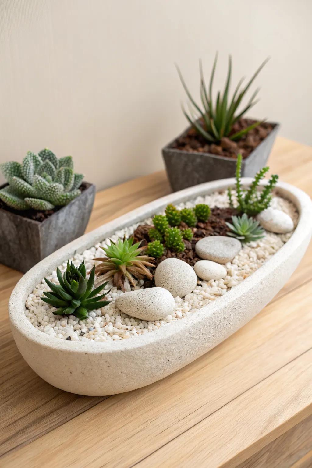 A shallow planter turned into a mini landscape—add a tiny stone path for calm, crafted charm.