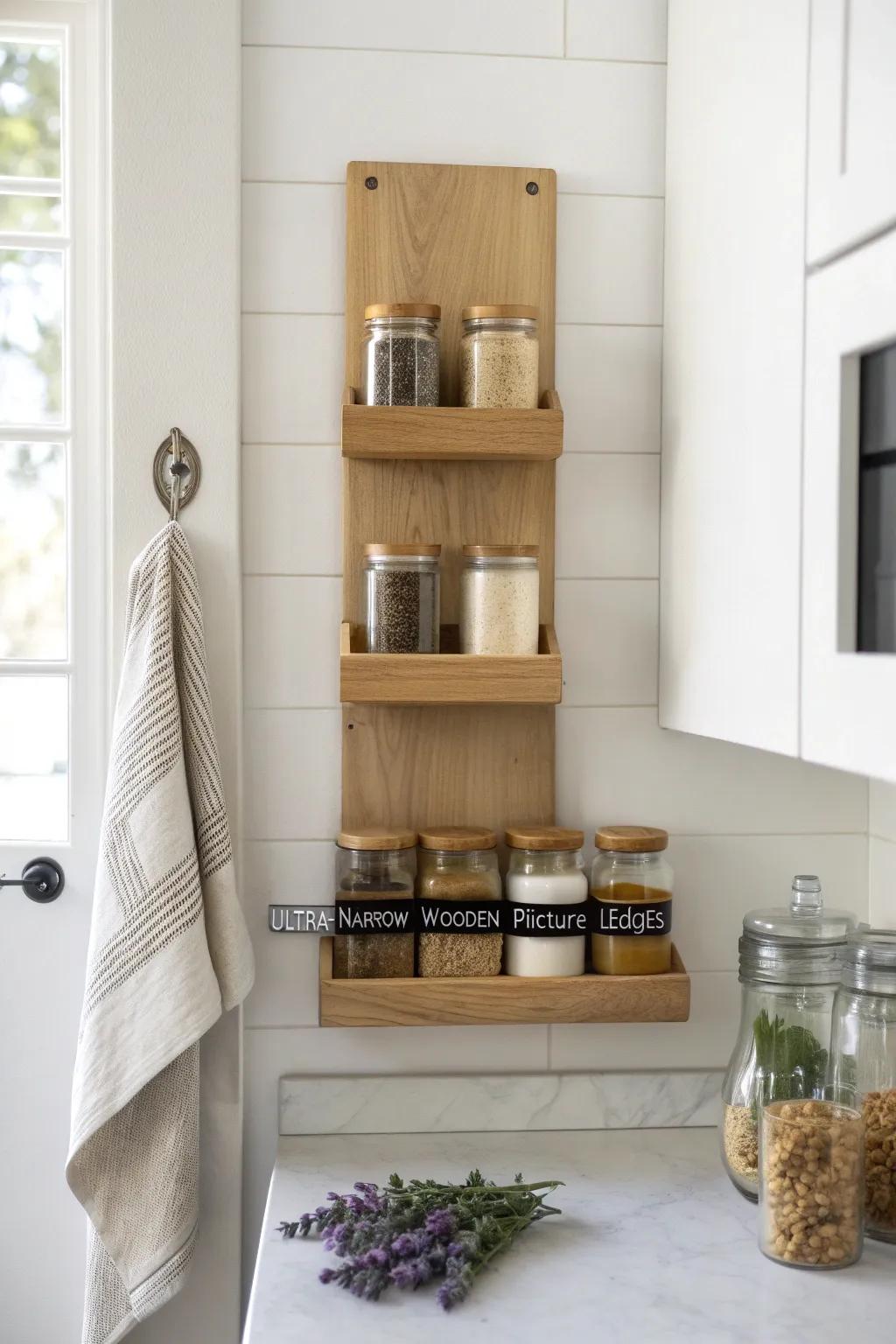 A slim wall spice ledge pantry—tiny footprint, big storage, beautifully minimal and airy.