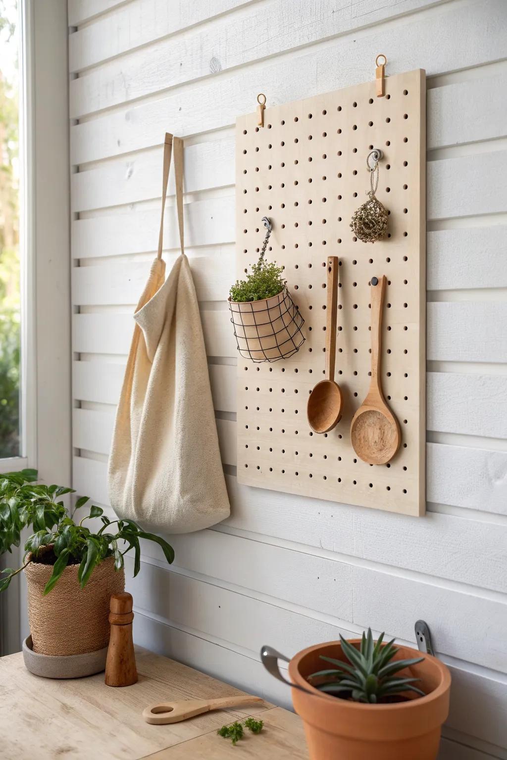 A clean pegboard utility wall adds storage to a shed cabin while keeping the space calm and styled.