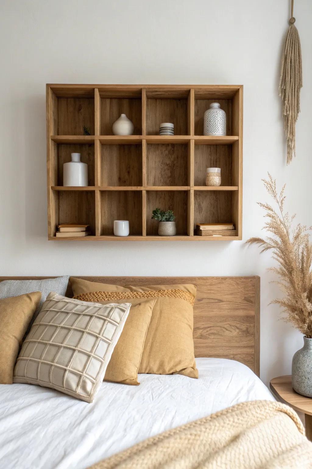 A light oak cubby shelf above the bed creates calm, tiny decor zones without clutter.