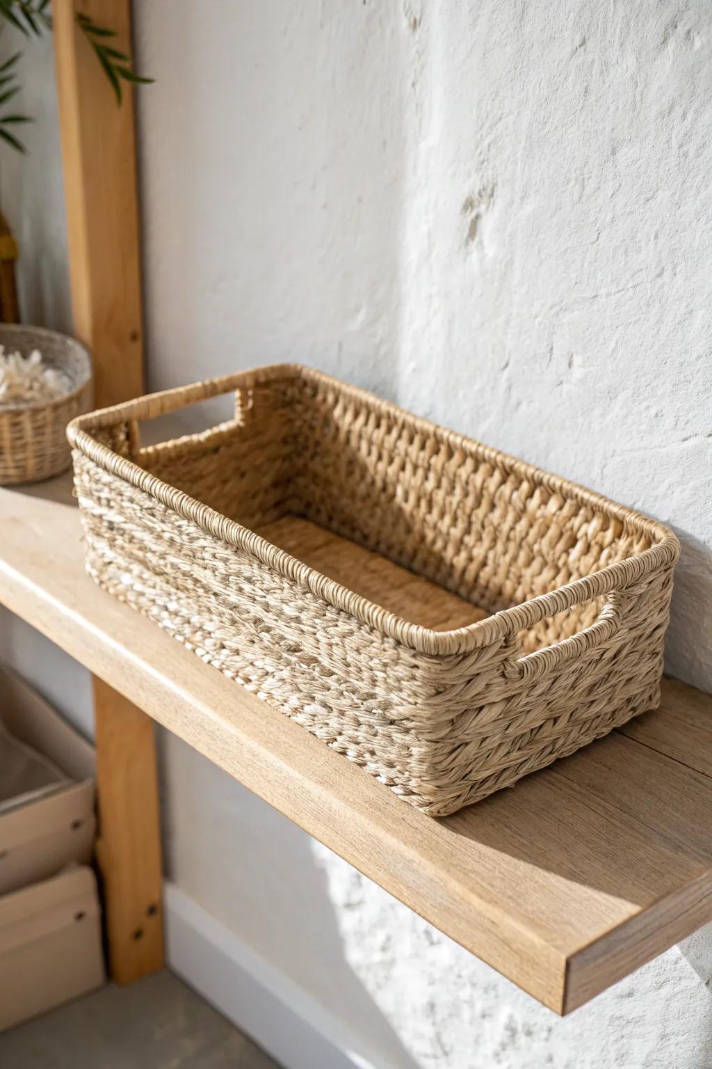 Woven basket shelves hide cords and clutter—while keeping your living room calm and chic.