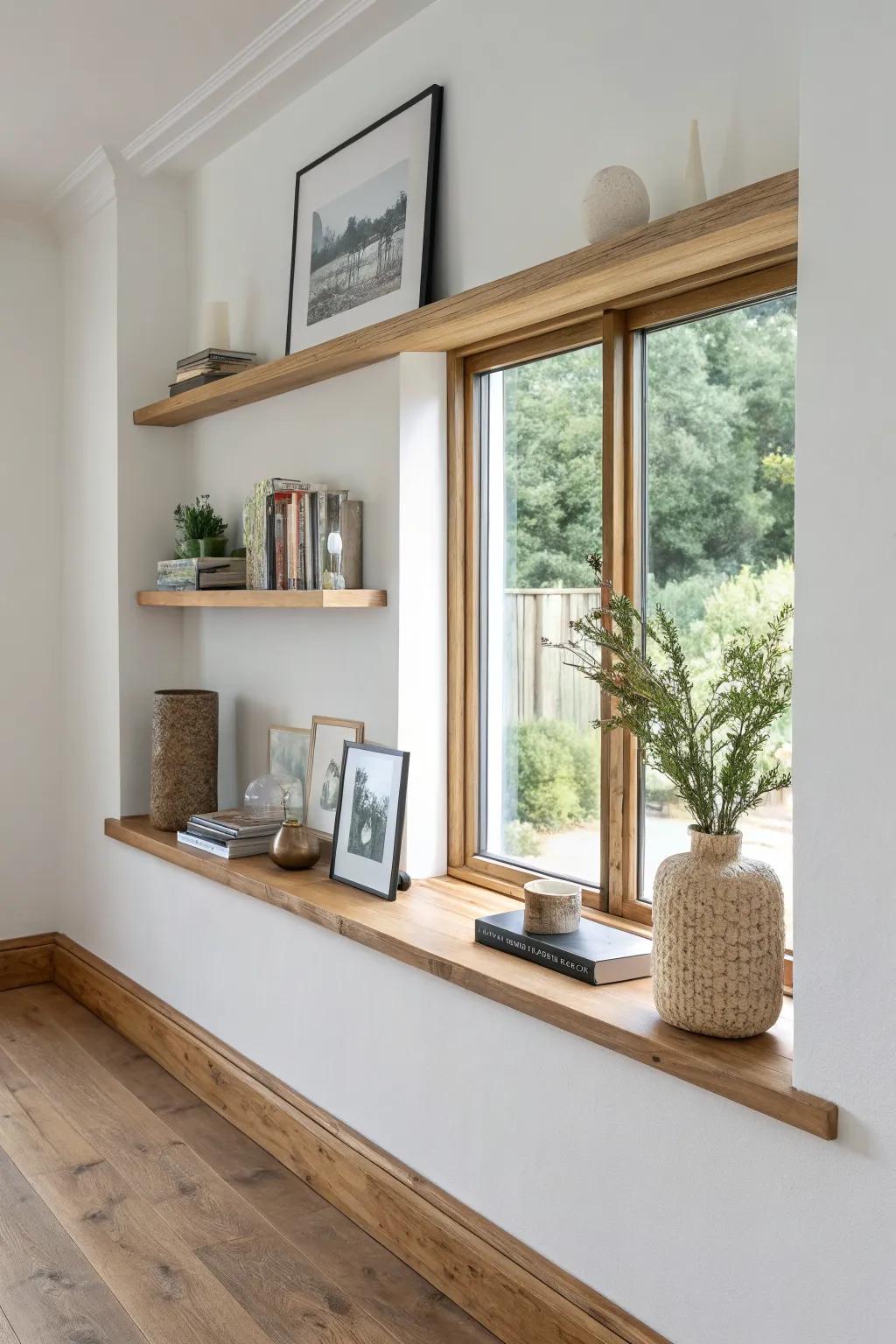 Window-bridging picture ledge shelf: warm oak, clean lines, and smart storage for small spaces.