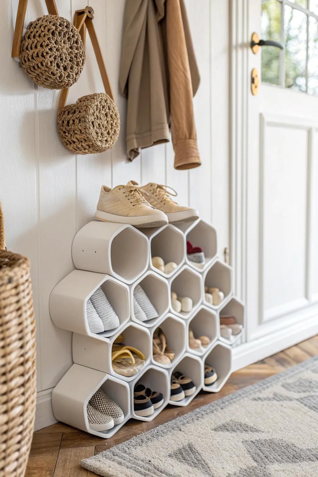 DIY PVC honeycomb organizer: a sculptural, space-saving way to store sneakers and flats.