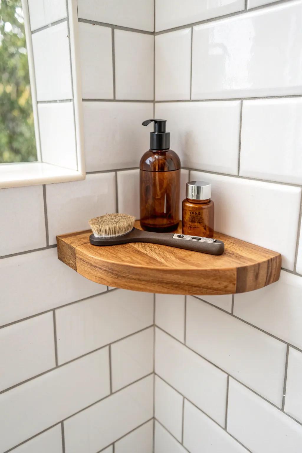 A sturdy teak corner shelf that doubles as a chic shaving ledge—minimal, warm, and practical.