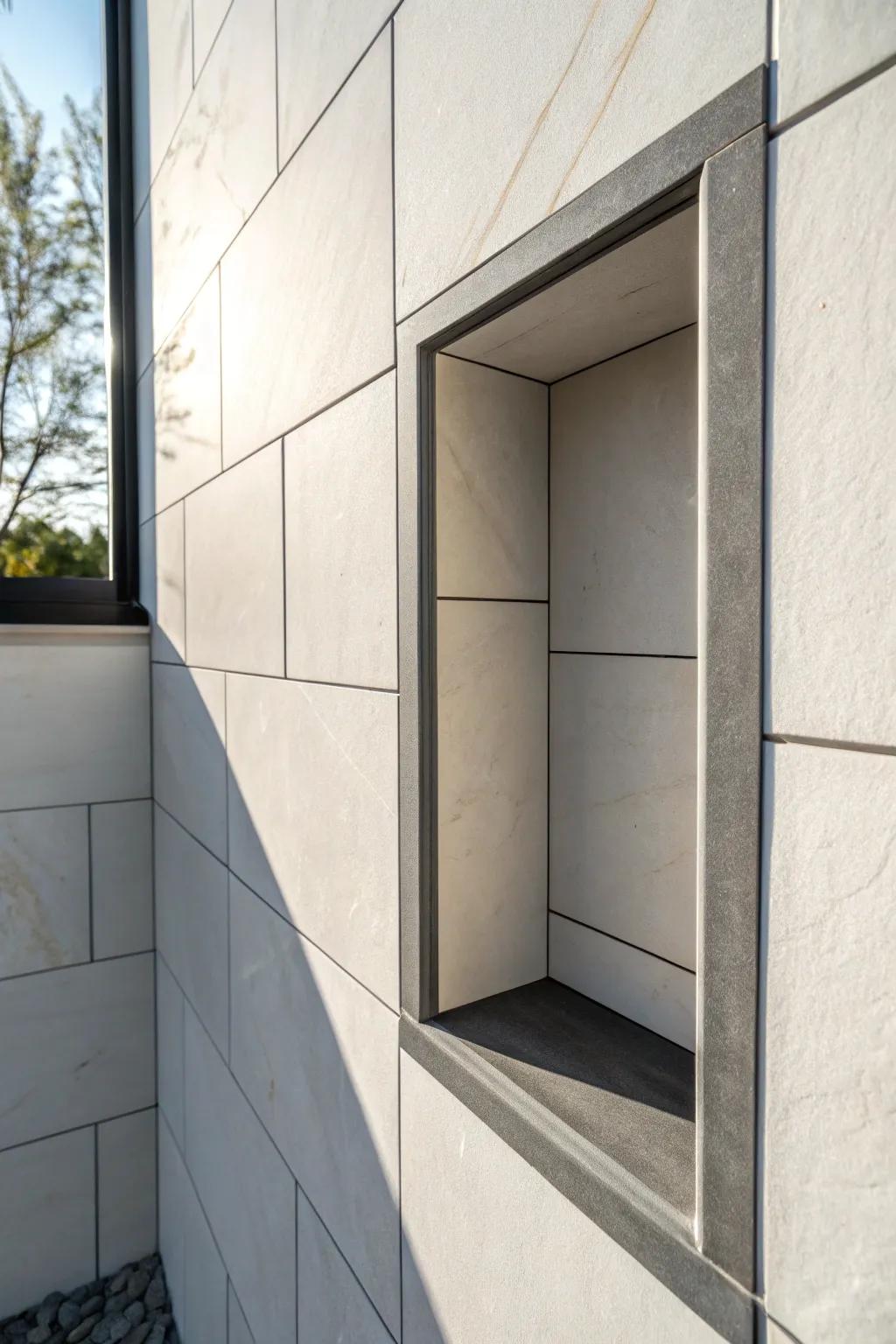 Shadow-reveal shower niche trim that looks like it’s floating—sleek, modern, and custom.