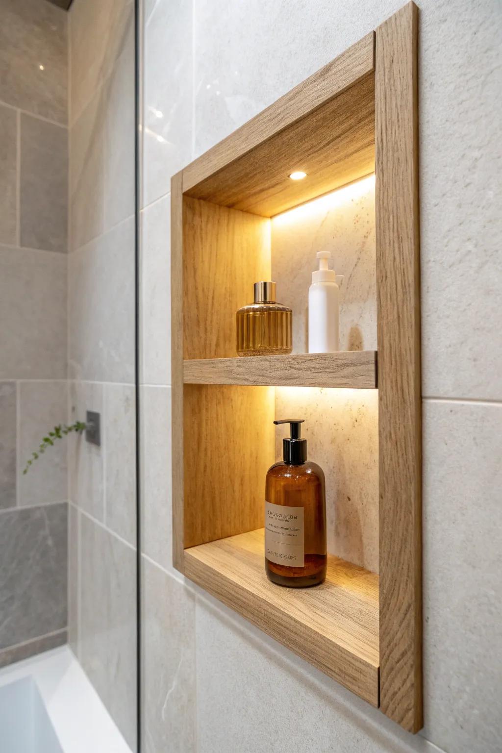 A softly backlit shower niche turns one everyday bottle into a spa-worthy focal point.