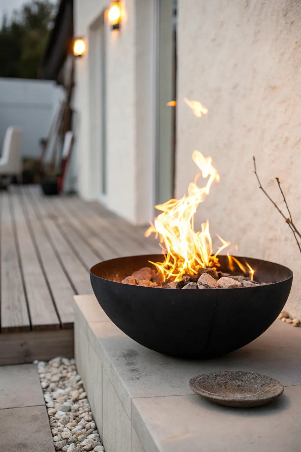 A tiny sculptural fire bowl turns a narrow side patio into a cozy evening moment.