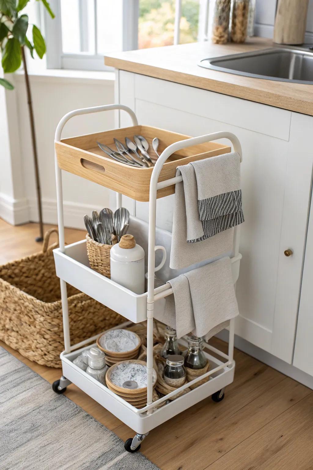 A slim rolling cart becomes a chic silverware station—tray on top, backups tucked below.