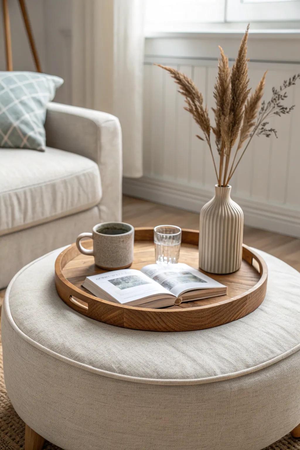 A soft ottoman + simple wood tray = budget-friendly coffee table style for small spaces.