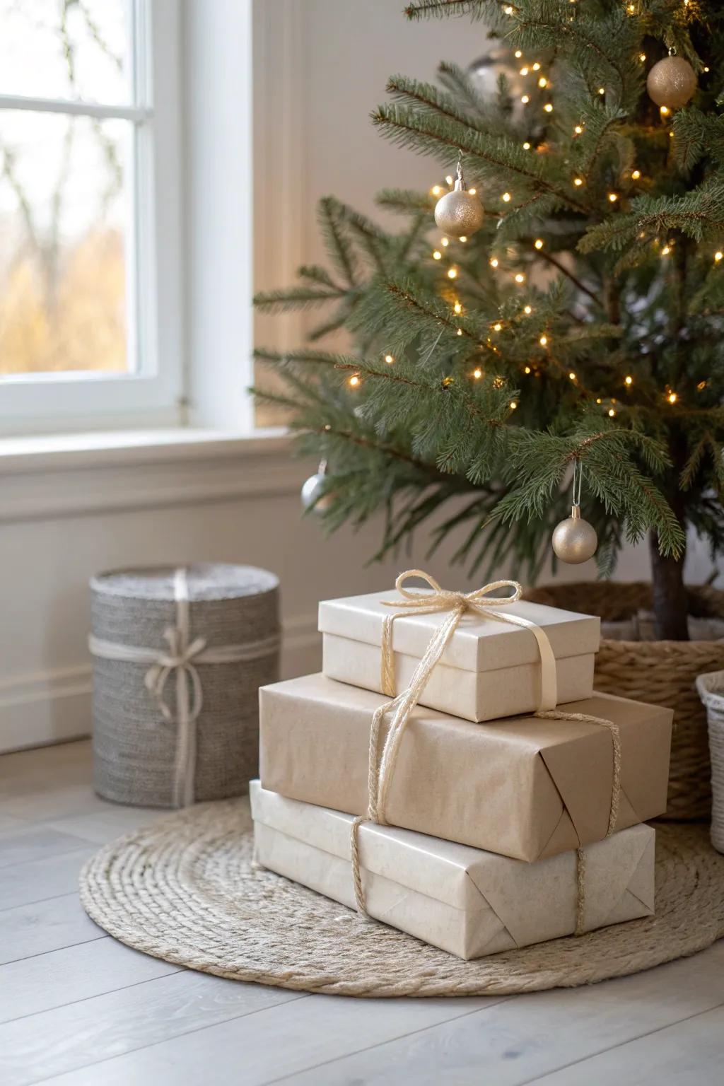Match gift wrap at the base to ground a slim tree and make it feel fuller in small spaces.