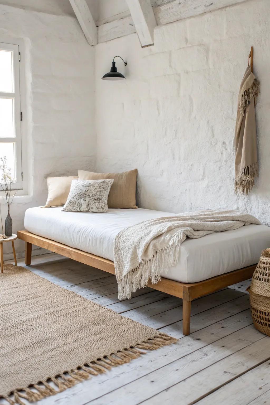 Style a twin like a daybed with oversized back cushions and a crisp woven throw.