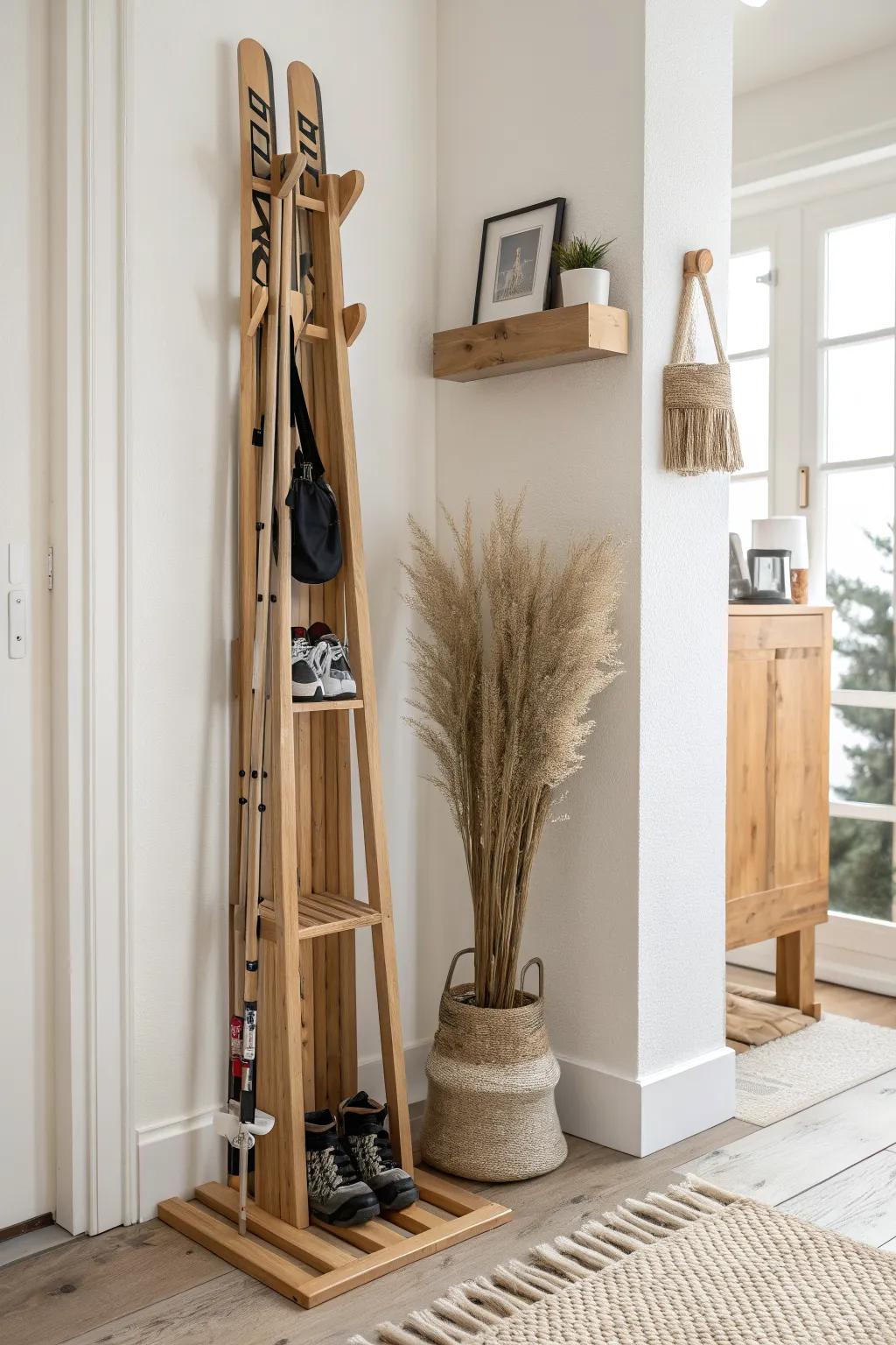 A slim vertical gear tower keeps skis upright and boots tucked below—tiny footprint, tidy look.