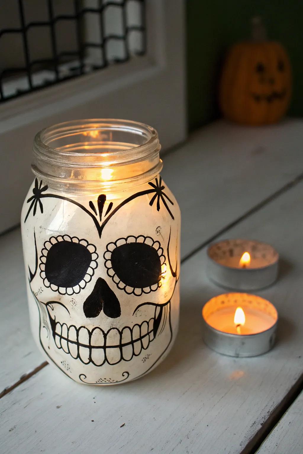 Illuminate your space with this hauntingly beautiful upcycled jar skull lantern.