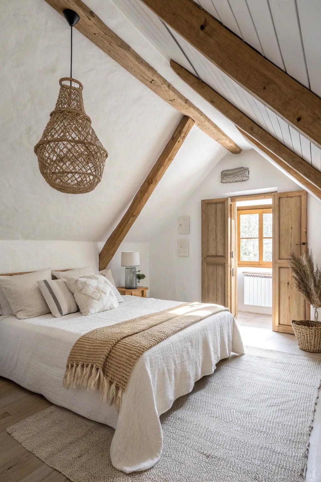 Warm exposed beams + one woven pendant: the simplest way to add character to an attic bedroom.