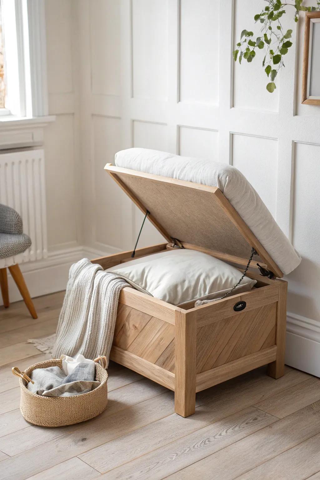 Store it loose: a breathable liner in an ottoman keeps your sleeping bag fluffy and fresh.