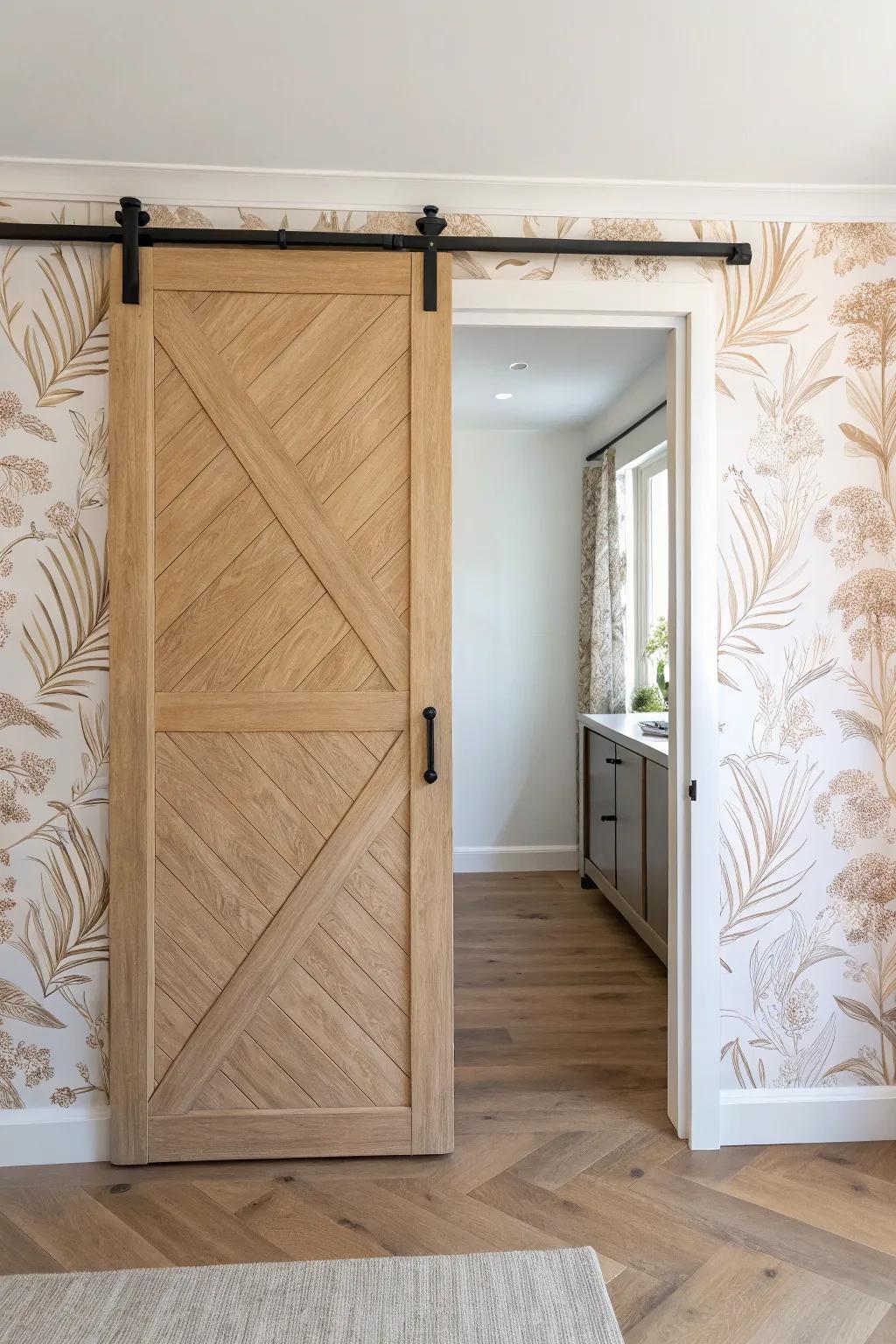 Turn your sliding bathroom door into art with wallpaper—custom look, zero extra space.
