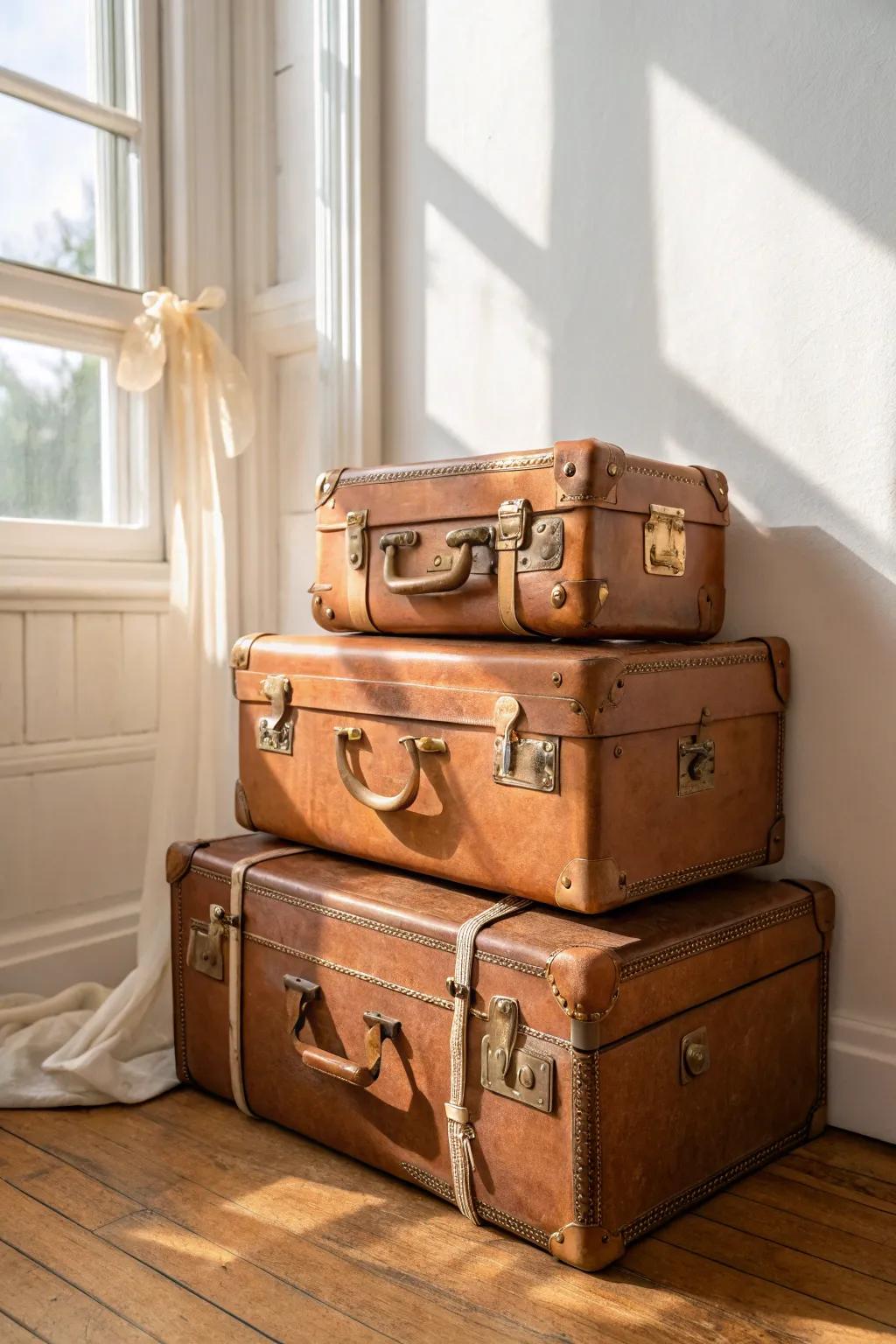 Stack vintage suitcases for instant height, hidden storage, and a treasure-hunt vibe.