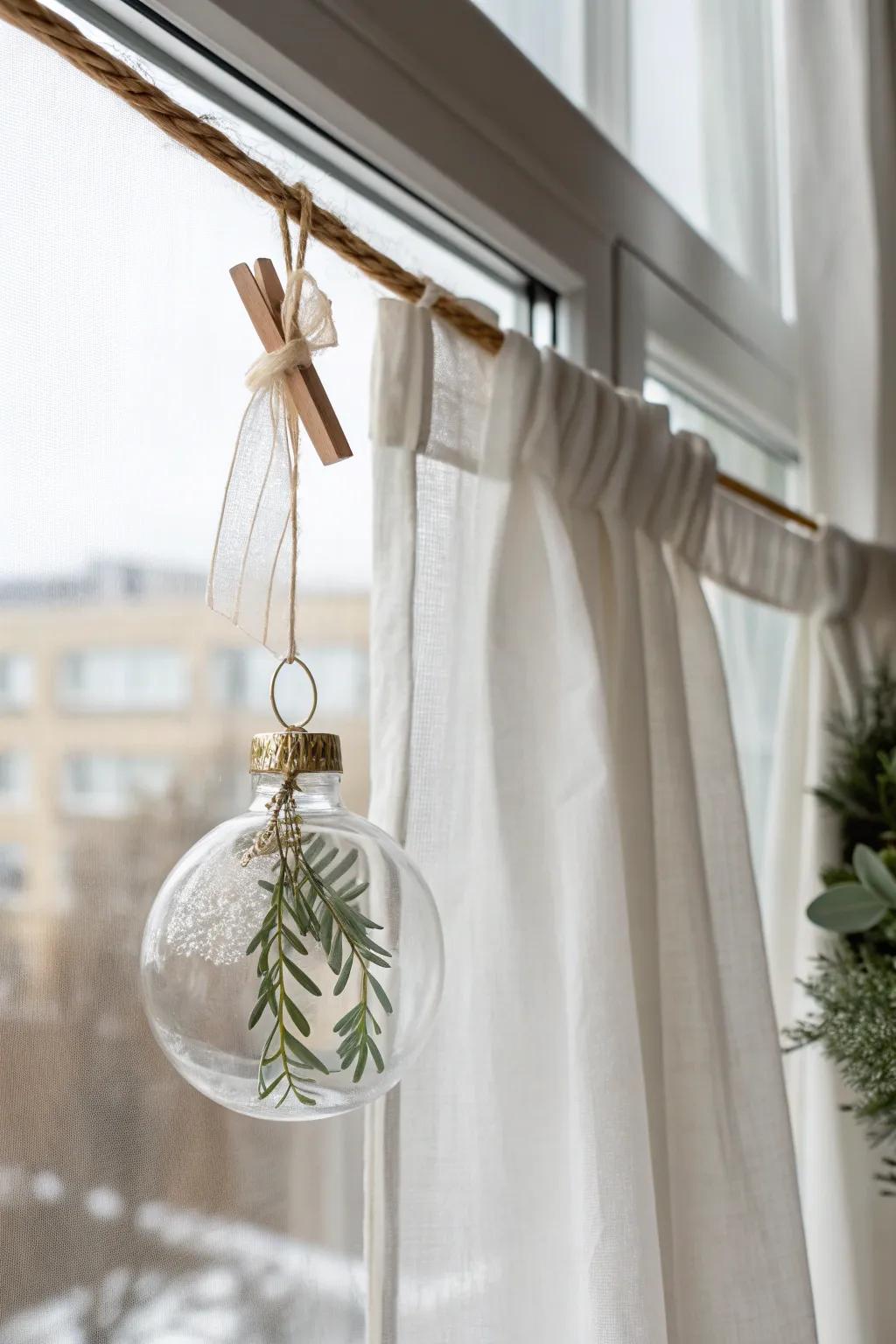 Hang a ribbon-tied ornament from the curtain rod for festive sparkle without using any space.