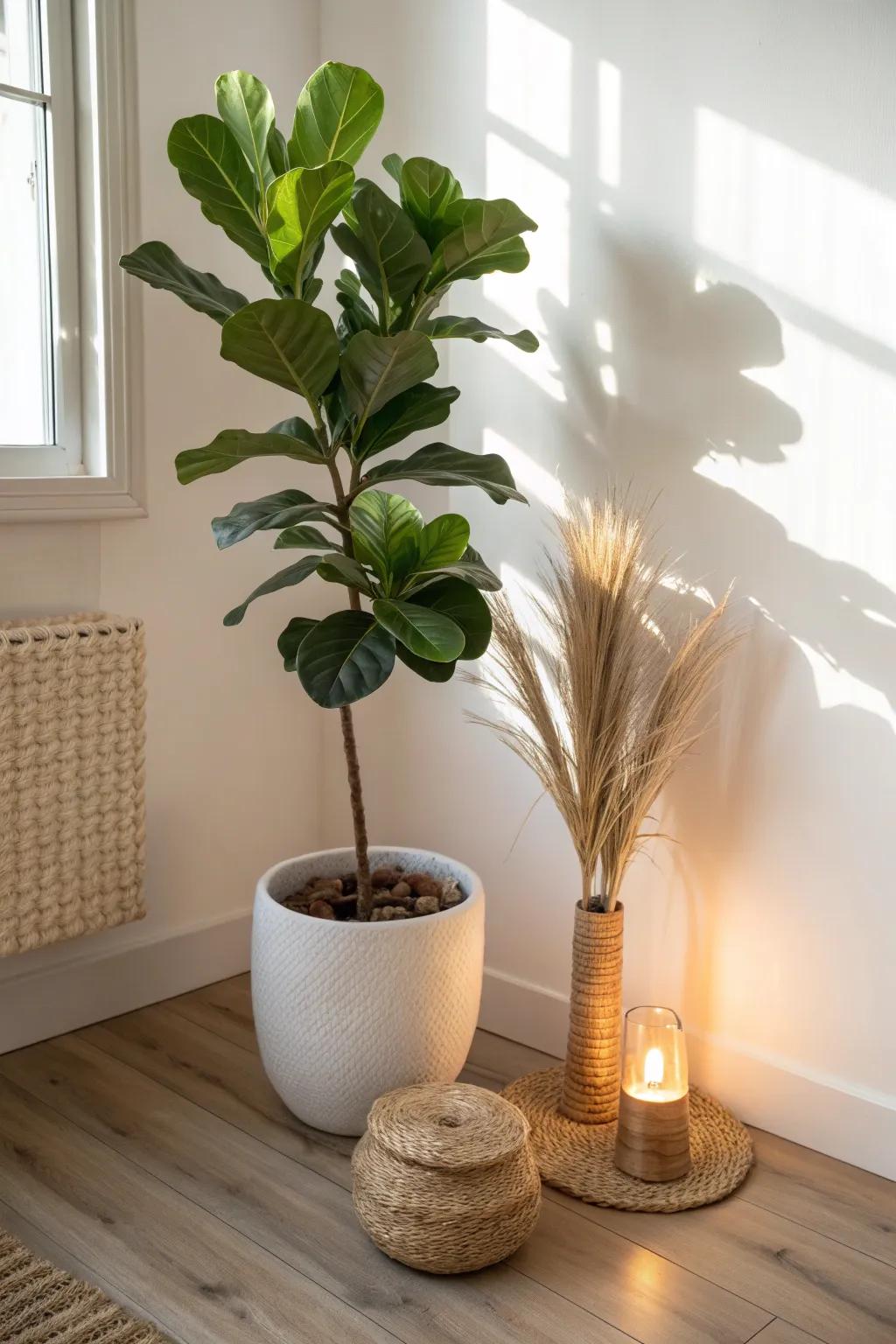 Tuck a warm uplight behind a tall plant for dreamy shadow play and a styled small-space corner.