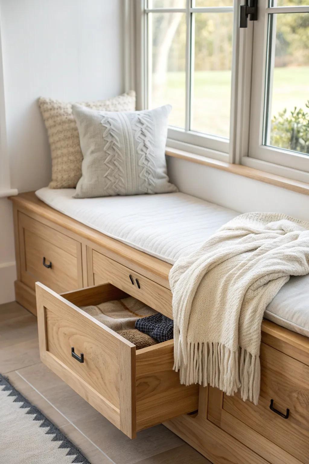 A cozy window seat with a hidden drawer—perfect for stashing blankets without clutter.