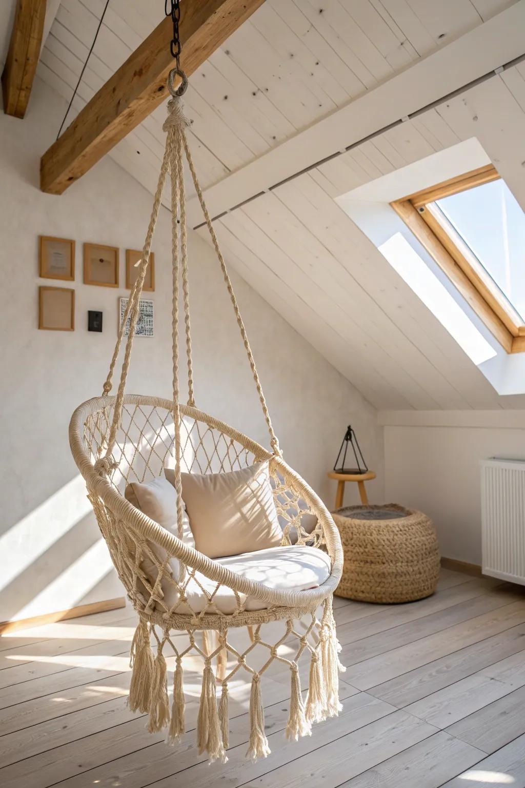 A dreamy swing chair in the attic’s highest peak turns an awkward corner into a wow seat.