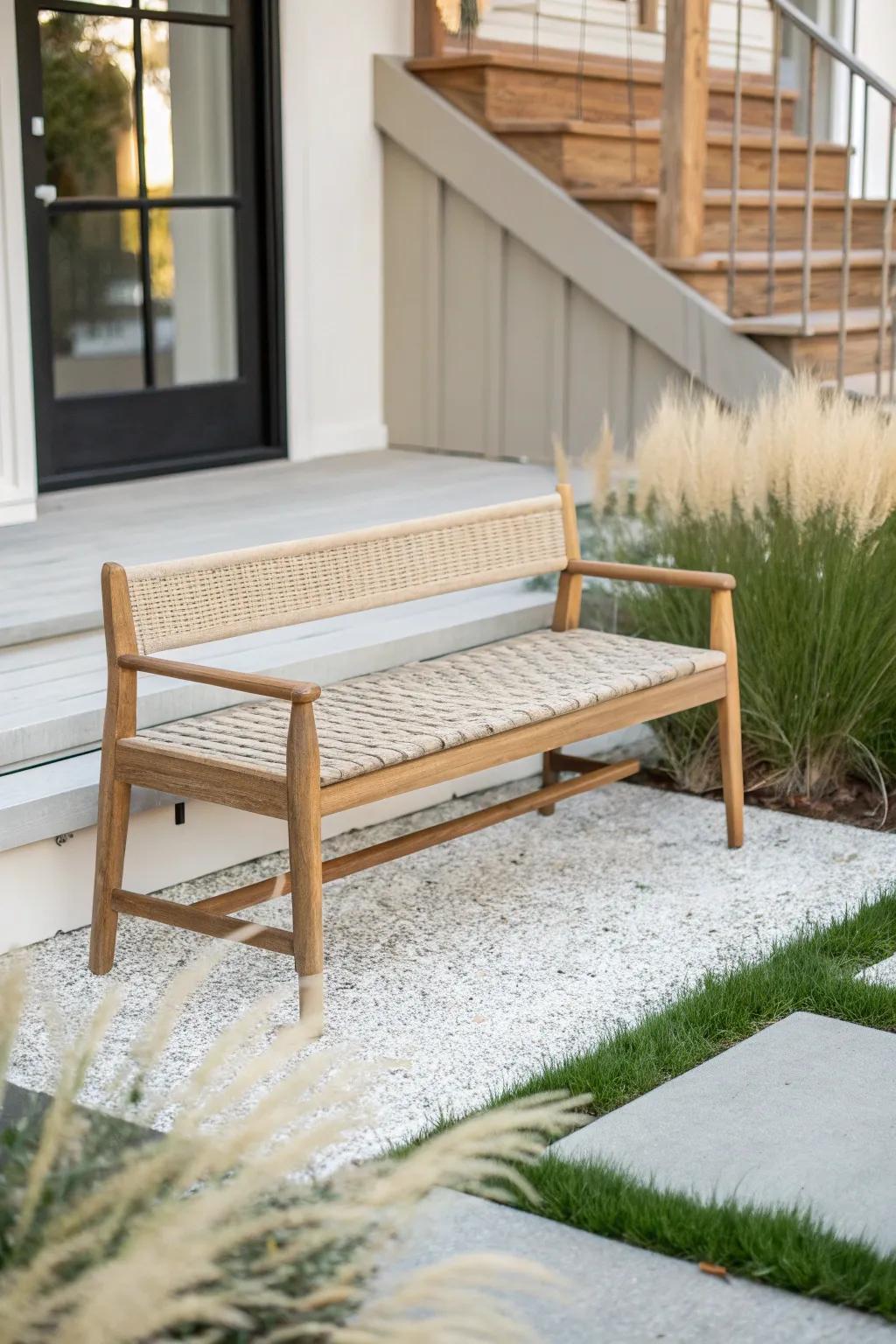 A handcrafted bench on white gravel extends your small porch into a calm, usable outdoor zone.