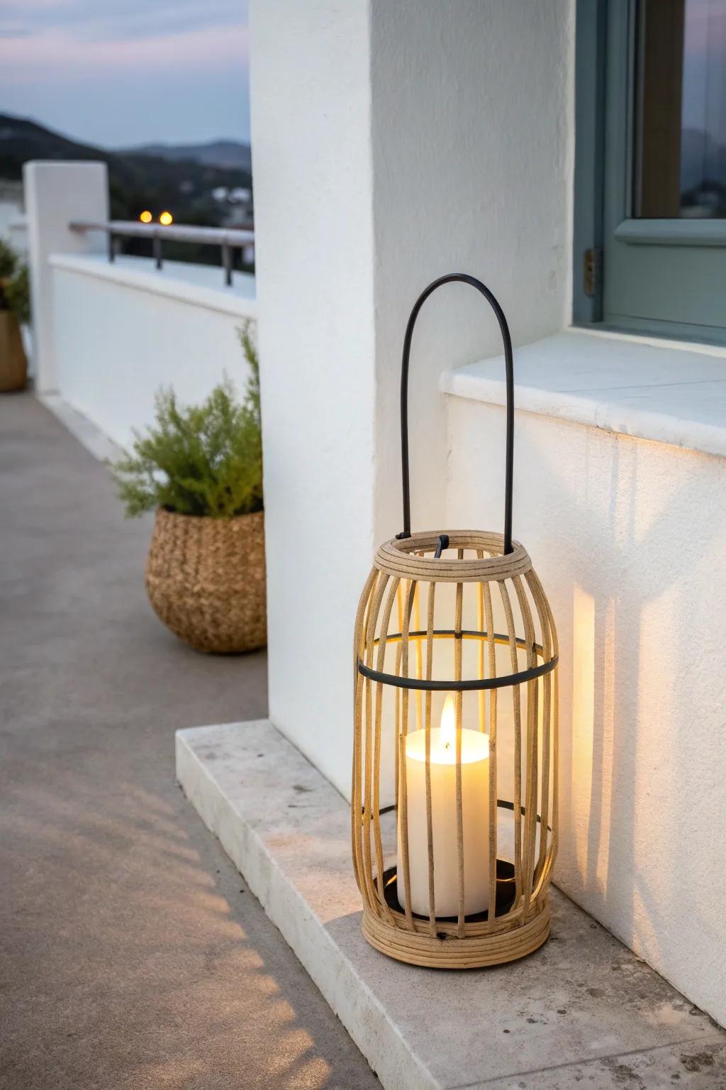 A single battery-candle lantern adds instant cozy glow to a tiny balcony—budget-friendly and chic.