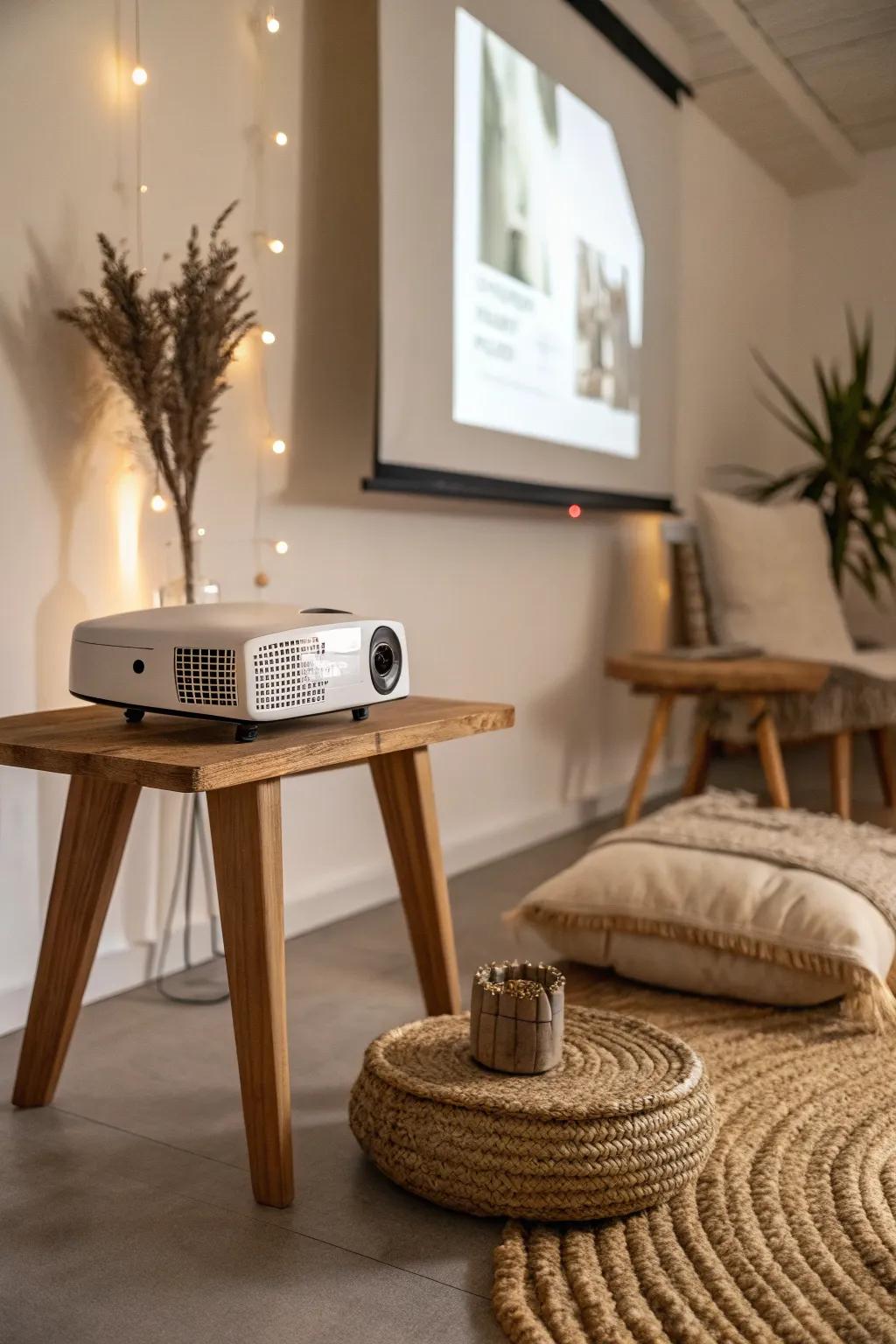 A mini basement movie nook: one sleek projector, warm textures, and big-screen coziness.