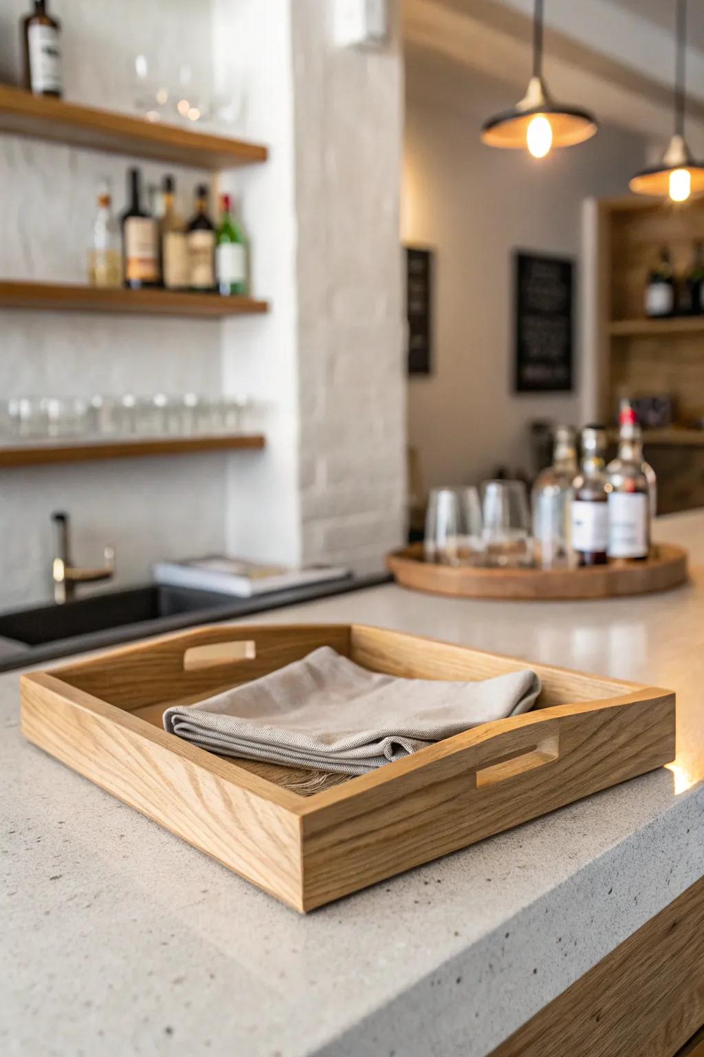 Budget basement bar upgrade: a handcrafted wood tray and soft lamp glow feel so inviting.