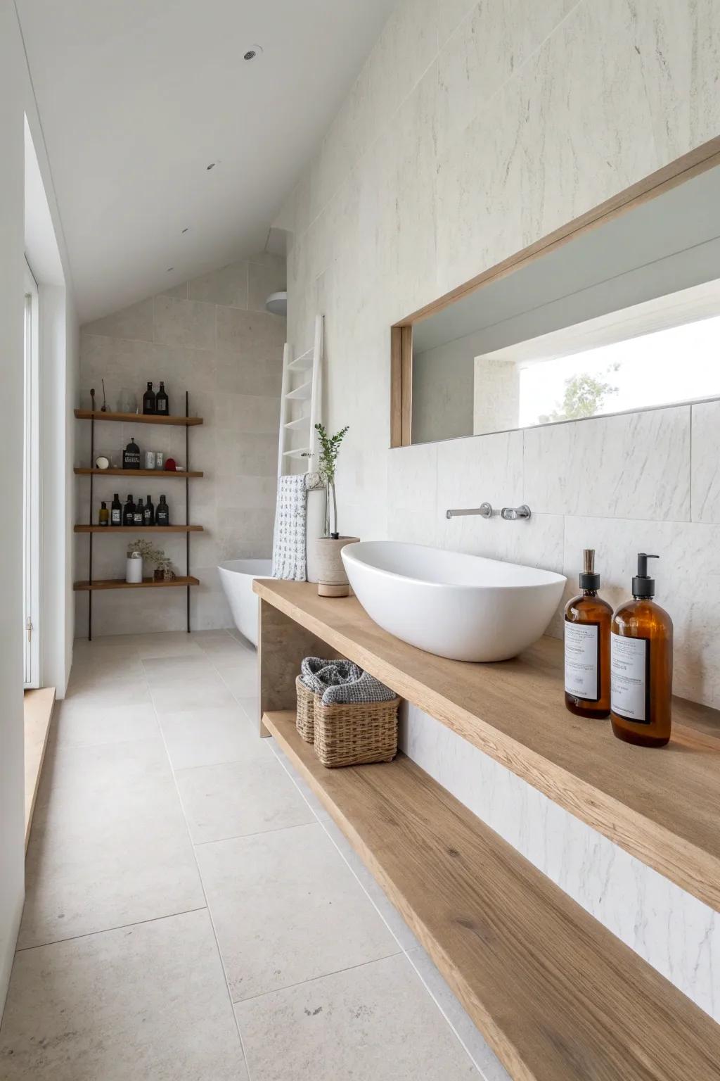 A narrow wraparound ledge shelf adds storage without bulk—perfect for long, tiny bathrooms.