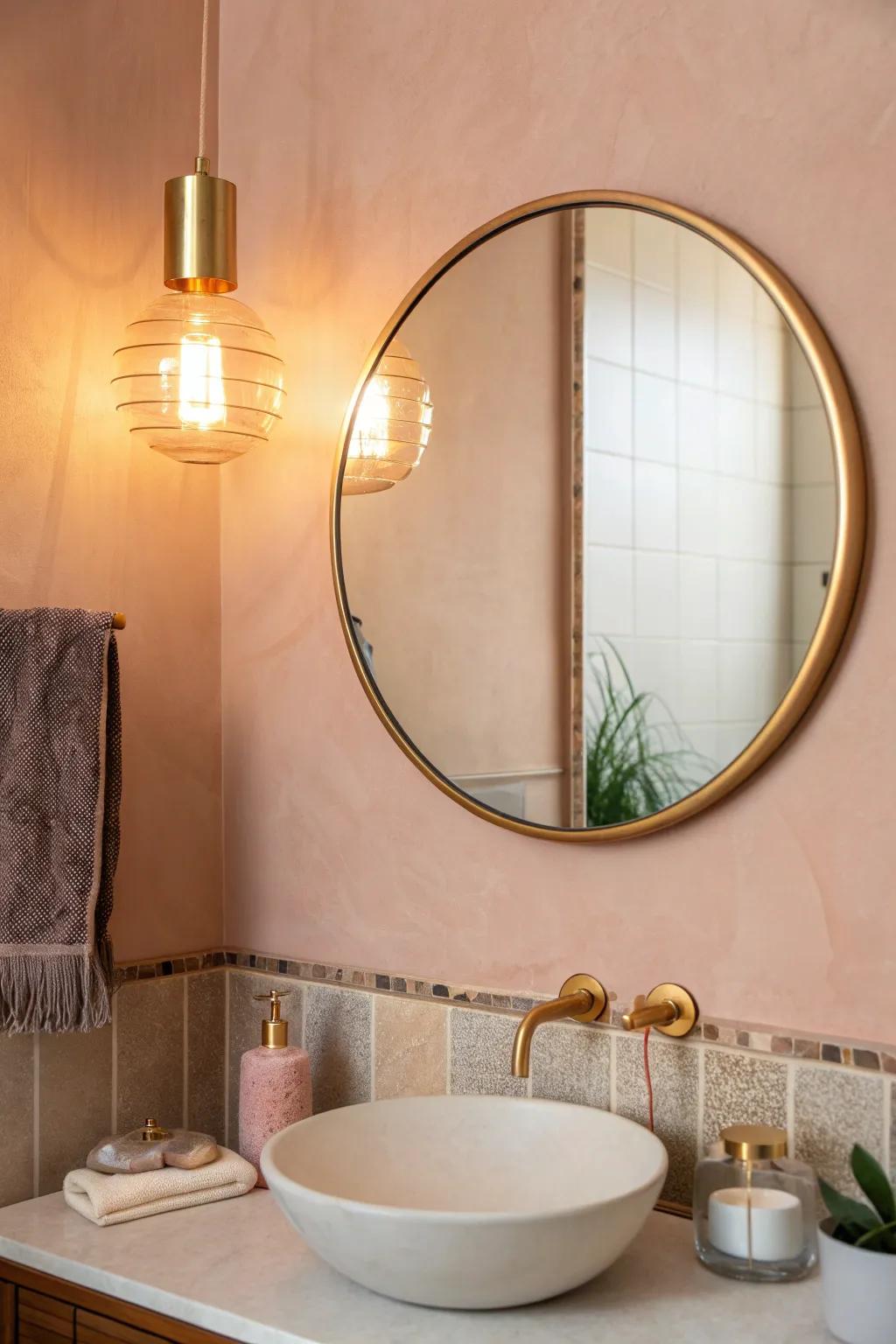 Peachy nude walls + warm bulbs make even a tiny bath feel inviting and mirror-friendly.