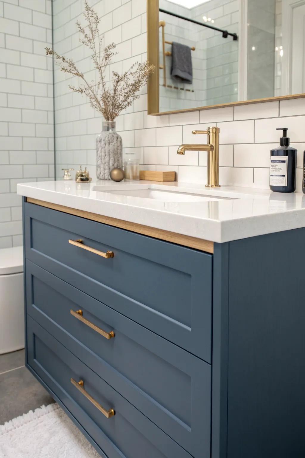 Matte blue vanity + glossy tile = luxe depth in a tiny bathroom—minimal, calm, and bright.