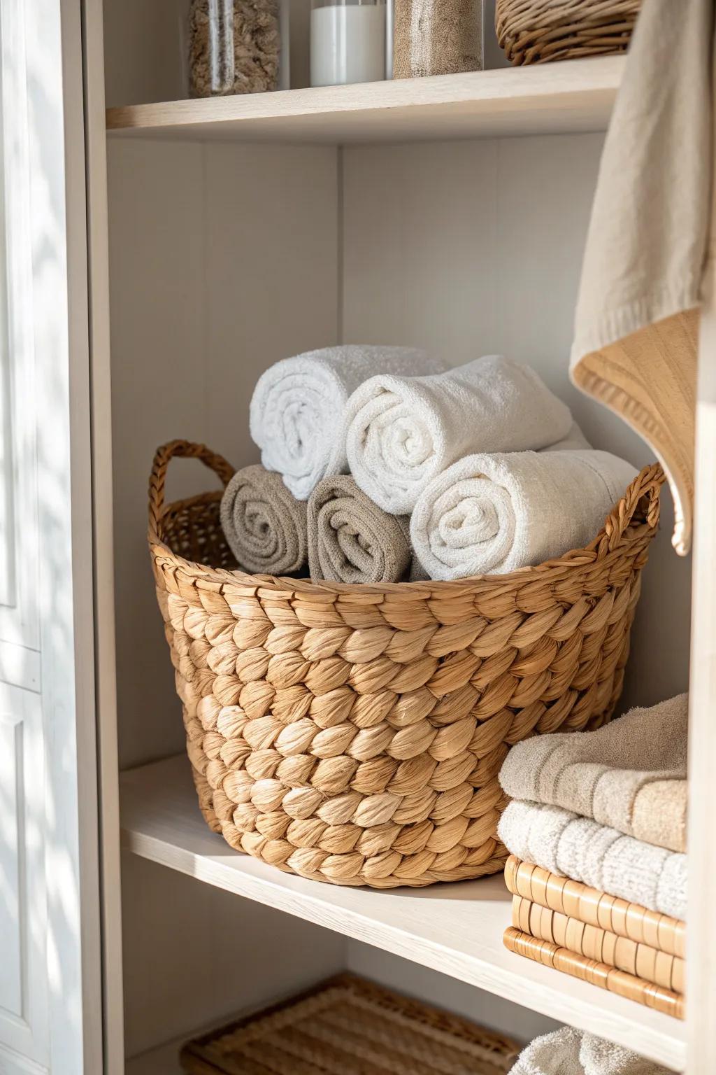 Neutral linens in a woven basket bring calm order to even the smallest bathroom closet.