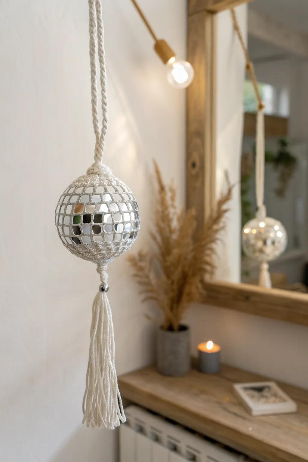 A mini disco ball turns windowless bathroom light into soft sparkle and instant charm.