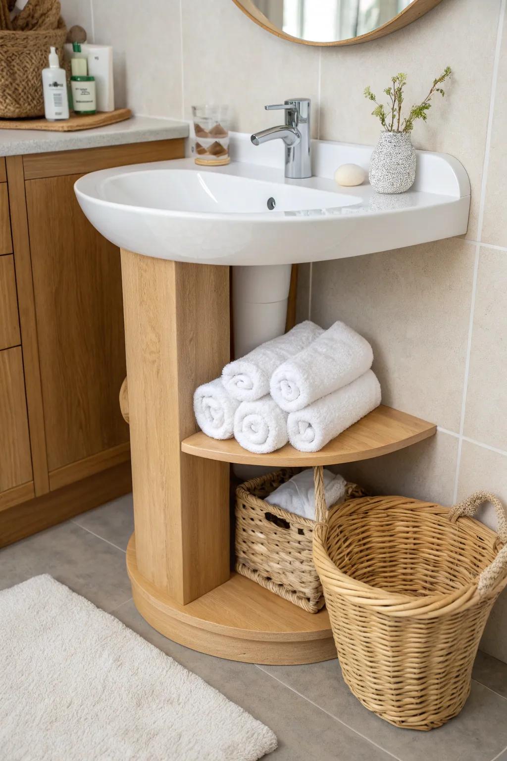 A curved wraparound shelf adds hidden pedestal-sink storage—towels + one basket, always tidy.