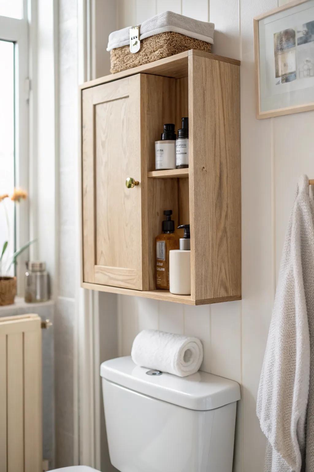 A slim above-the-door oak cabinet stores backups neatly—zero floor space, big impact.