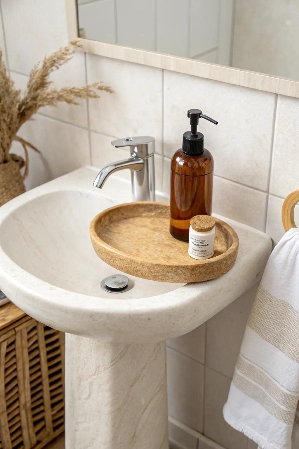A simple catchall tray on your pedestal sink keeps daily essentials neat and styled.