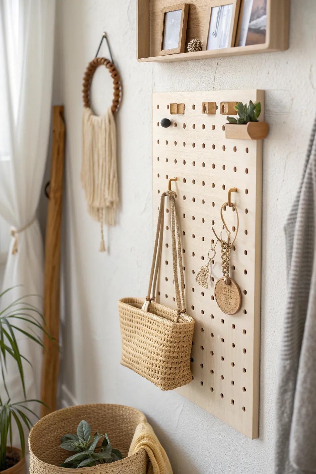 Go vertical: a chic pegboard organizer turns a tiny bedroom desk into a calm studio corner.