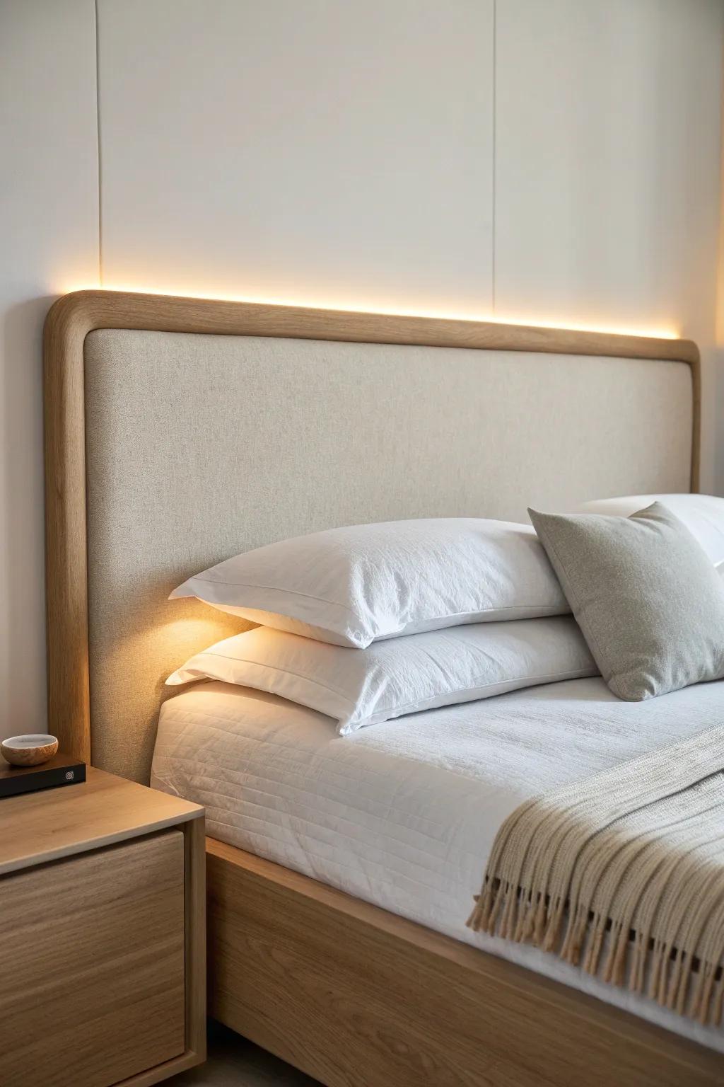Hide LEDs behind the headboard for a soft halo glow—cozy, flattering light for tiny bedrooms.
