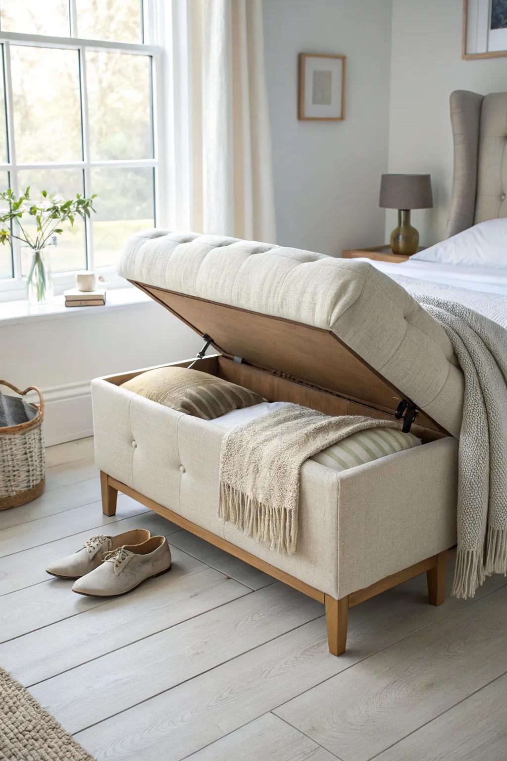 A slim storage bench adds a chic shoe spot and hides extra bedding in a tiny bedroom.