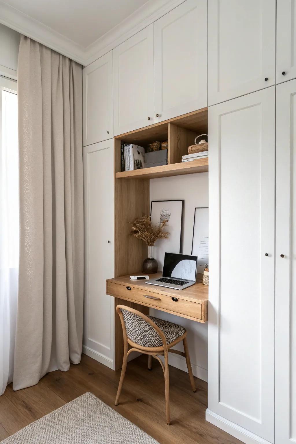 A closet-office desk shelf you can close away—minimal, warm, and perfect for small bedrooms.