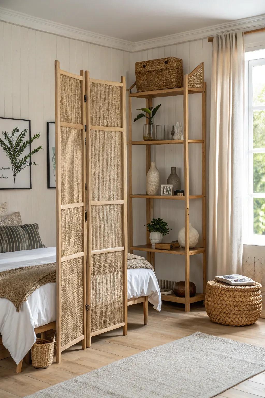 Use open shelving as a divider—privacy + storage in one airy, studio-friendly upgrade.