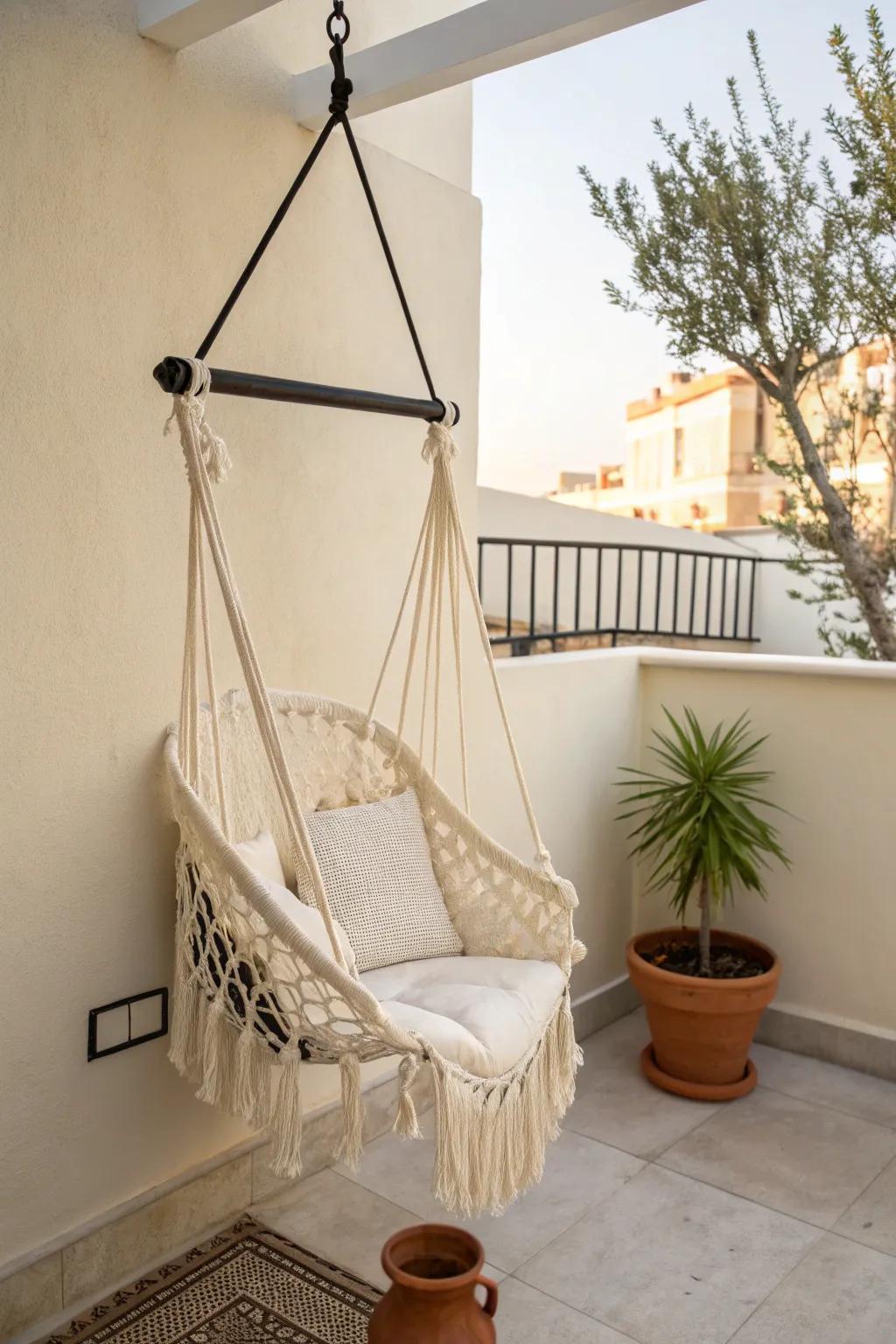 A compact macramé hammock chair adds boho lounge vibes to the smallest balcony.