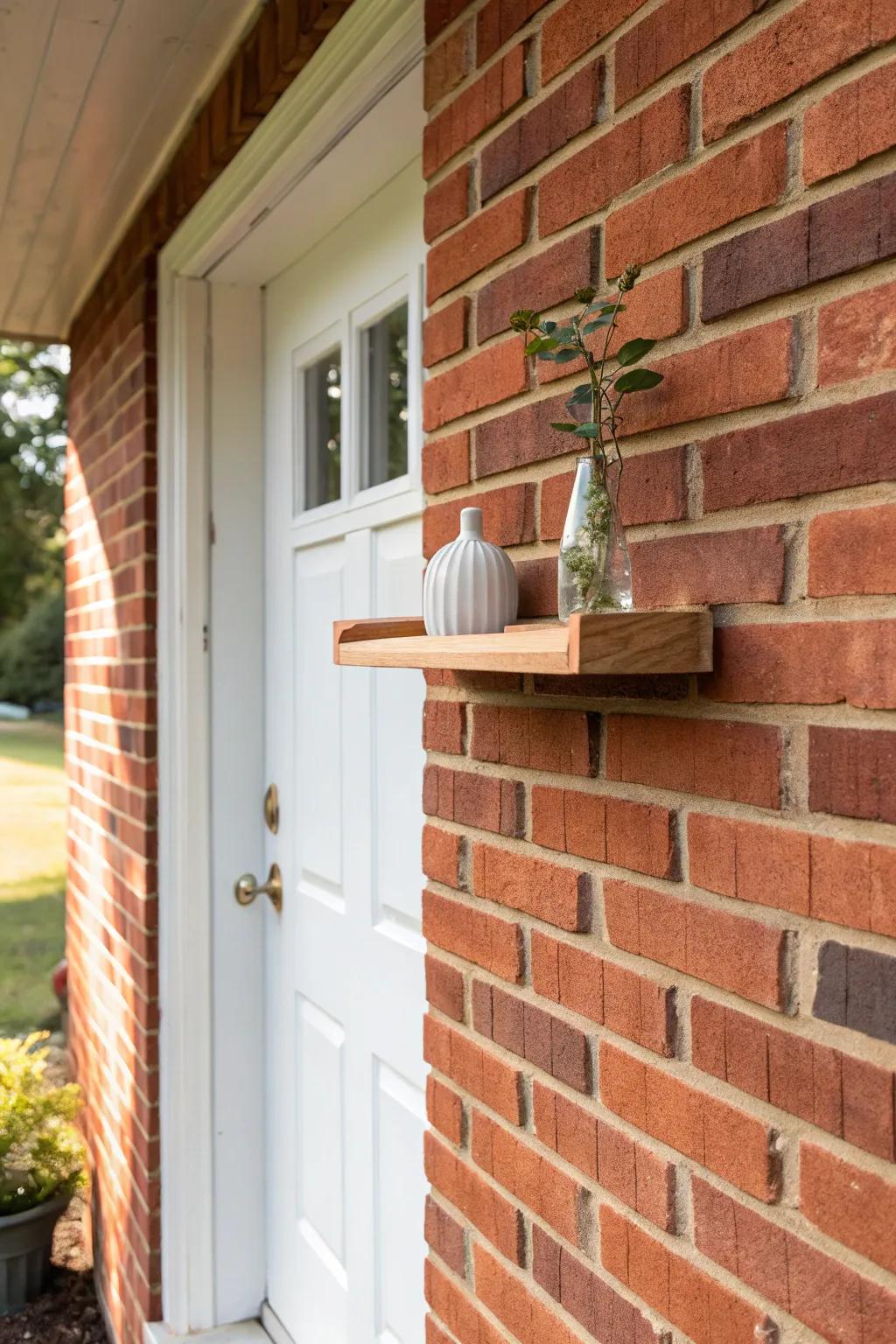 A slim porch shelf turns brick walls into seasonal decor without crowding the steps.