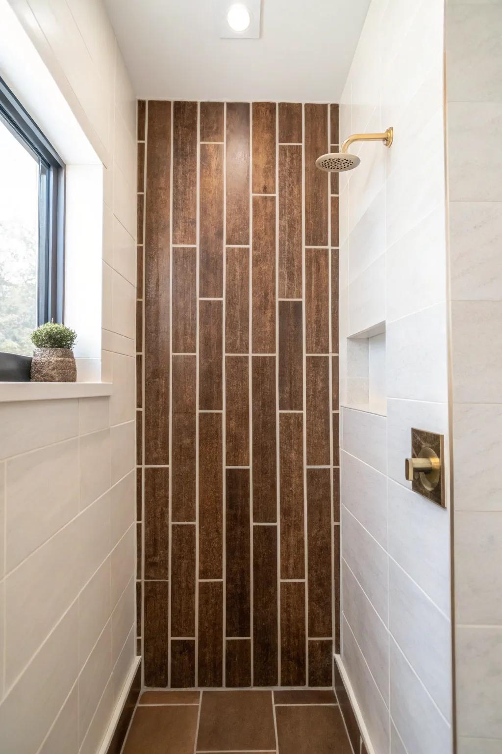 Vertical brown tile strips add height and drama—perfect for bright, narrow bathrooms.