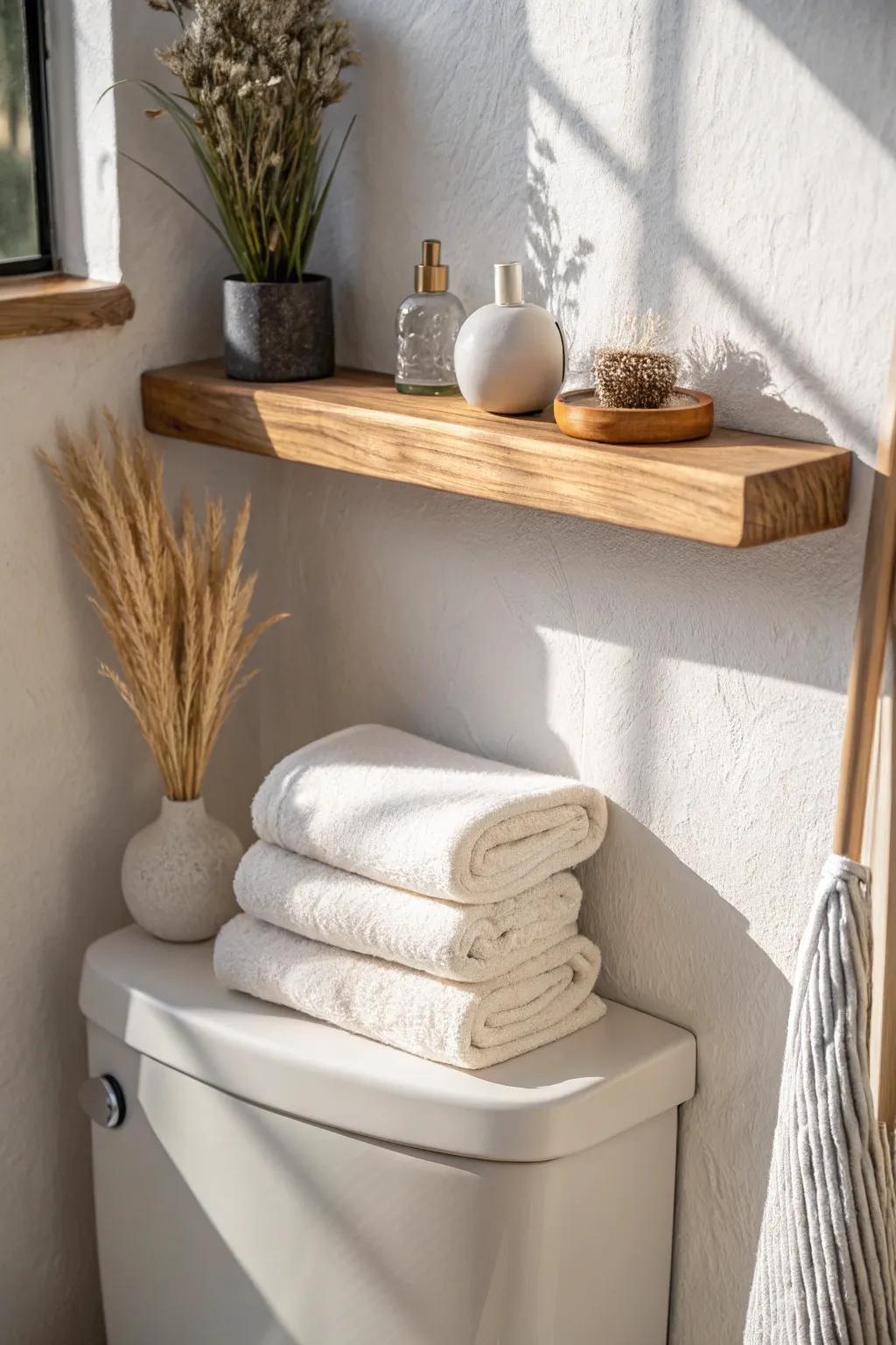 A slim shelf over the toilet adds warm cabin storage—perfect for towels and simple decor.