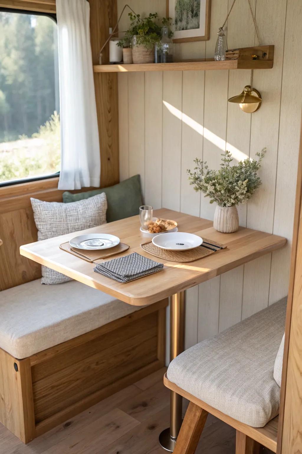 A fold-down dining table adds cabin charm when needed—and disappears to keep space open.