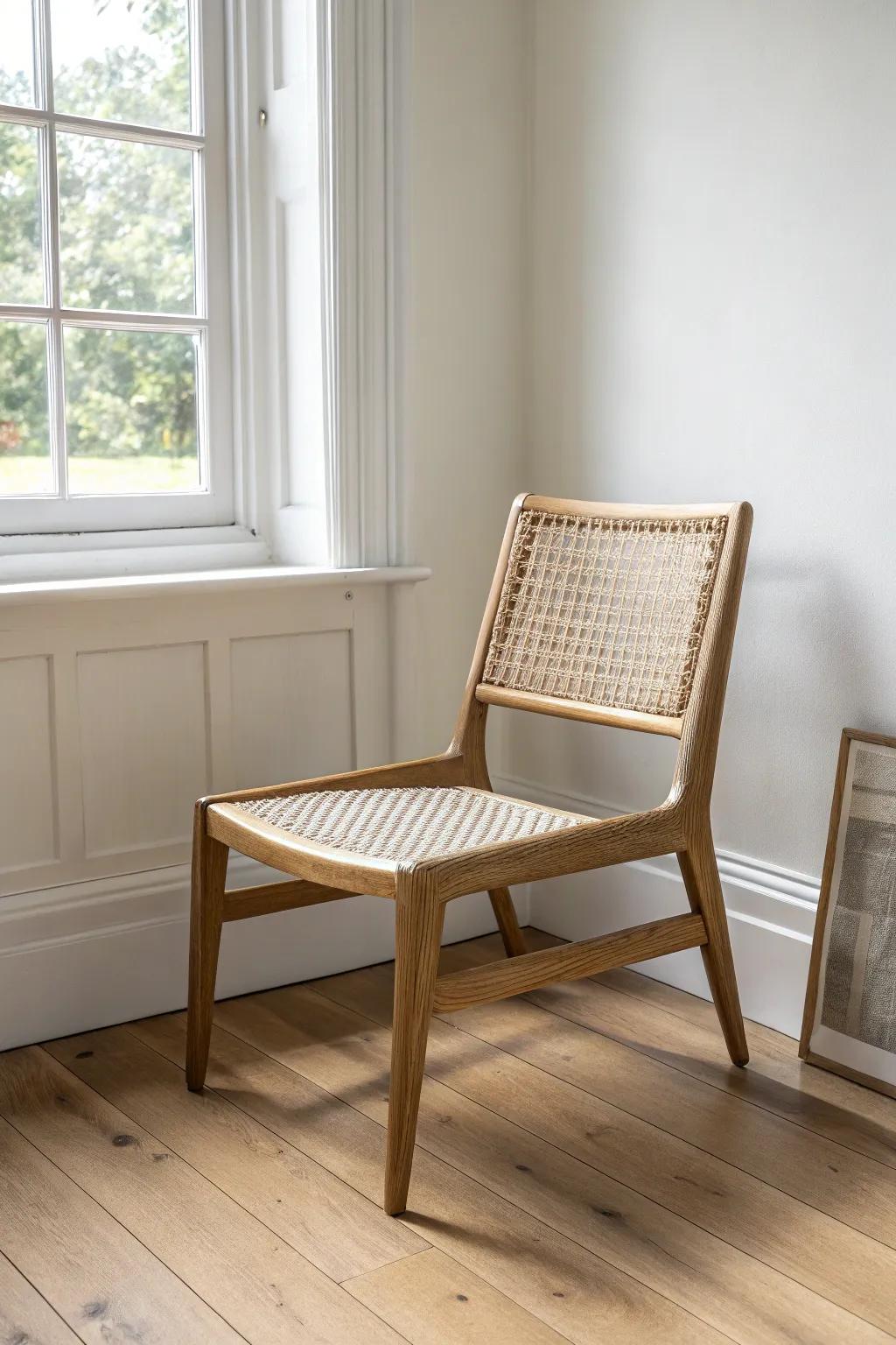 An airy clear-frame chair keeps your bedroom corner feeling open, bright, and bigger.